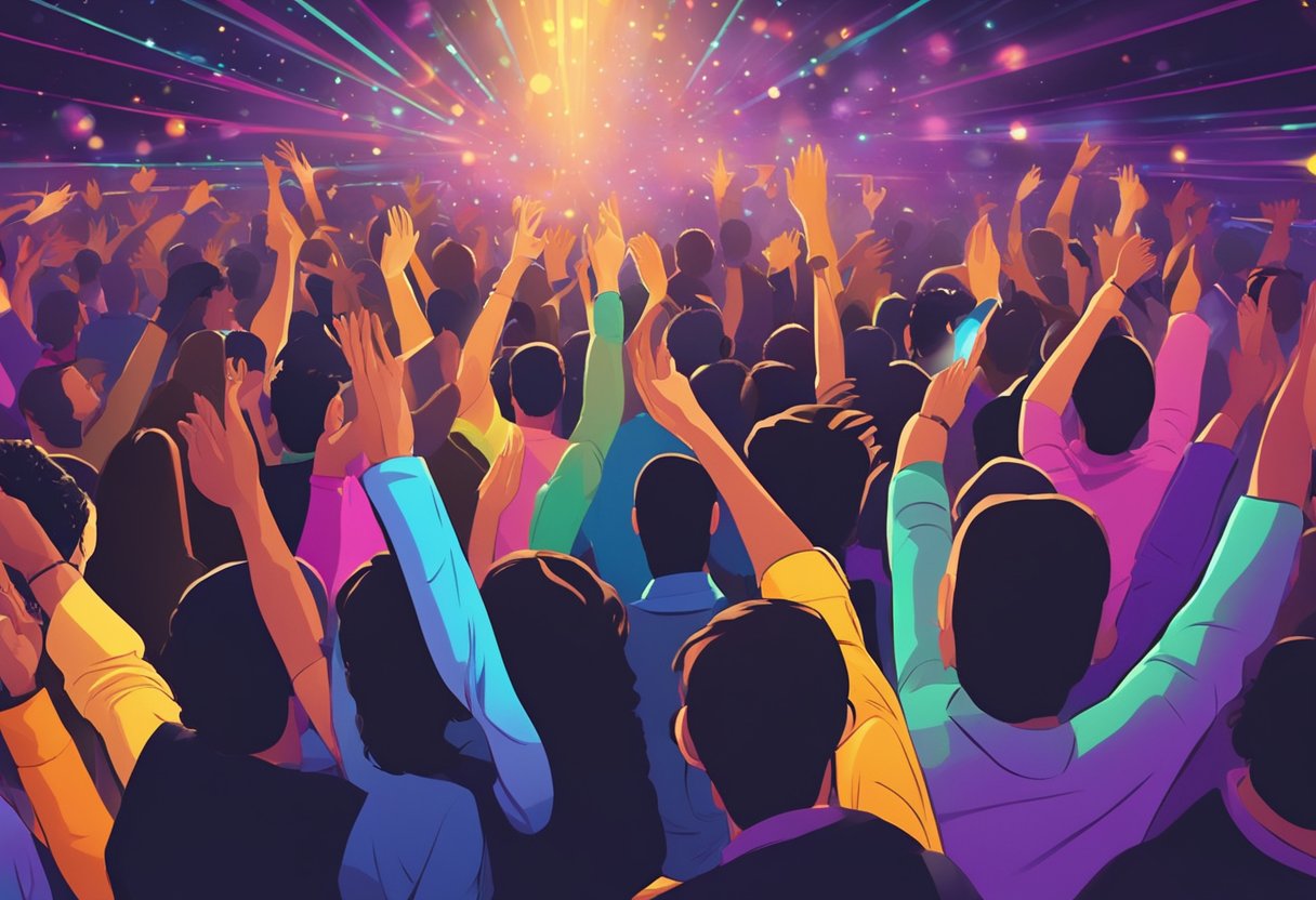 Colorful lights flash, casting a vibrant glow on the crowded dance floor. The DJ's beats pulse through the air as people mingle and dance, creating an electric atmosphere