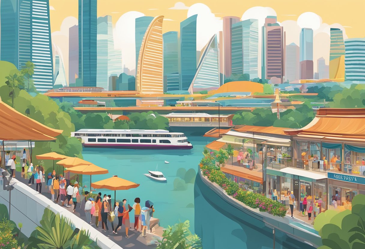 A bustling street lined with colorful buildings and bustling with tourists, with iconic landmarks like the Marina Bay Sands and Gardens by the Bay in the background
