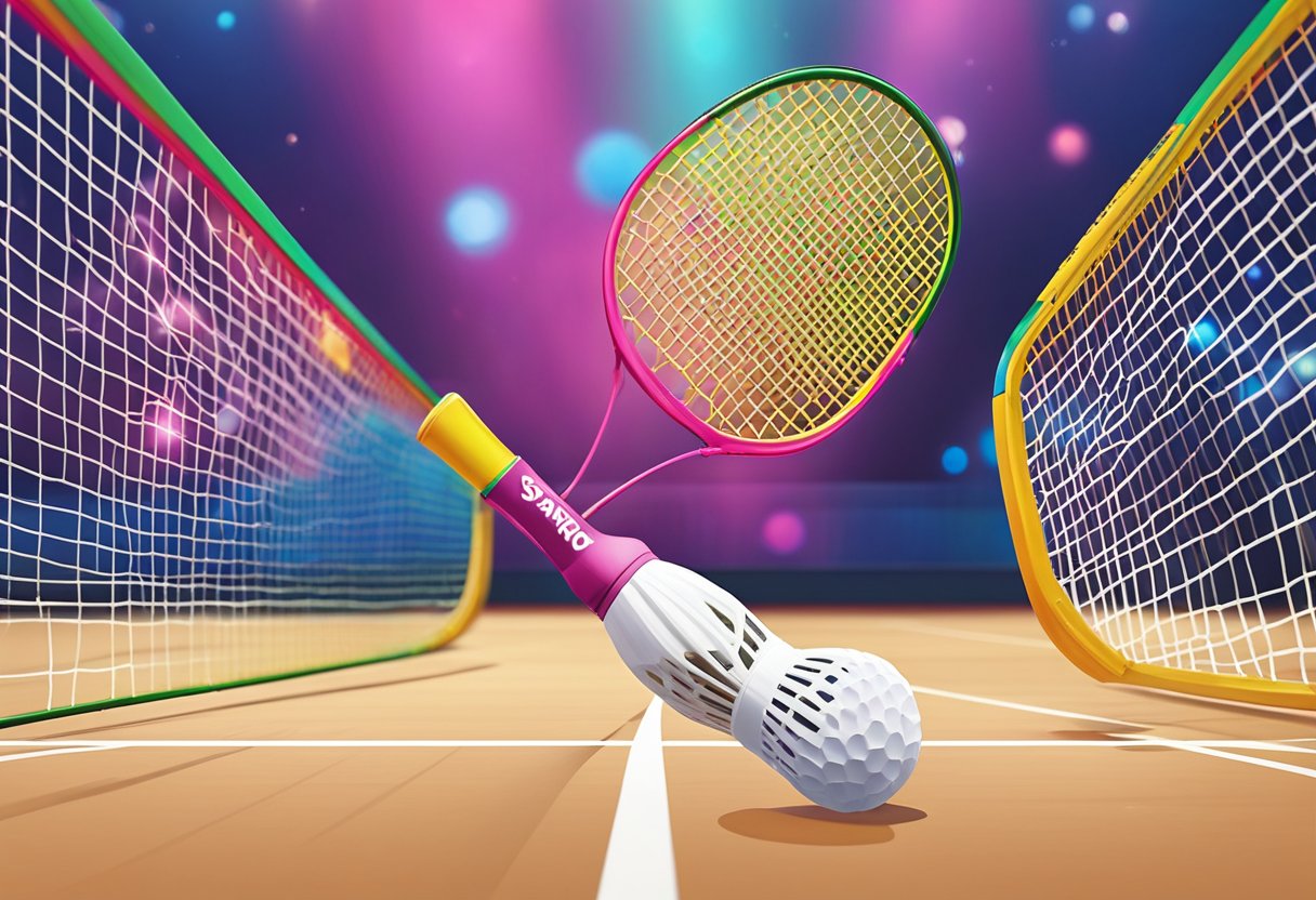 A colorful badminton racket and shuttlecock on a vibrant court at Yonex Singapore