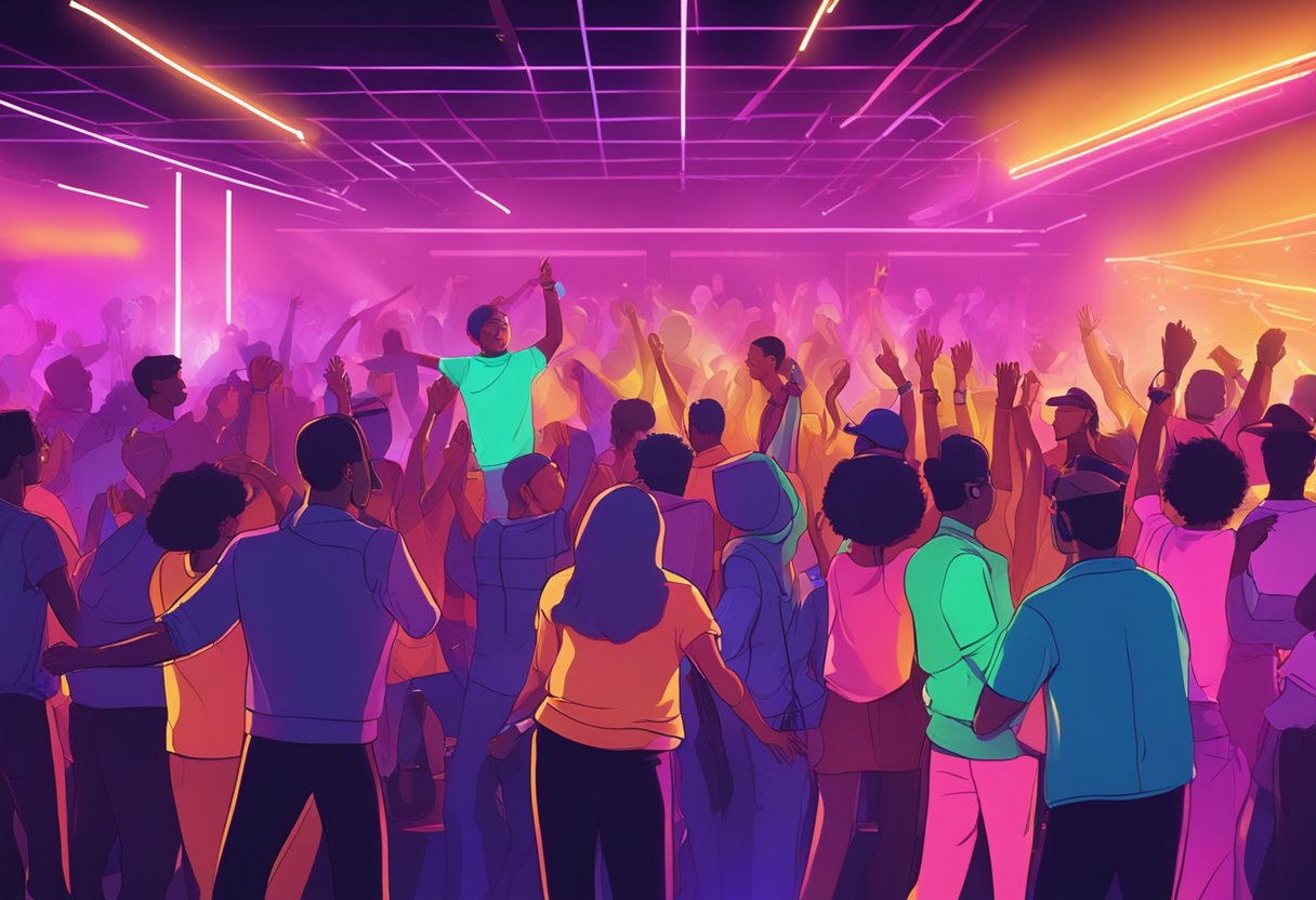 People dancing under neon lights in a crowded club with a DJ on stage and a bar in the background