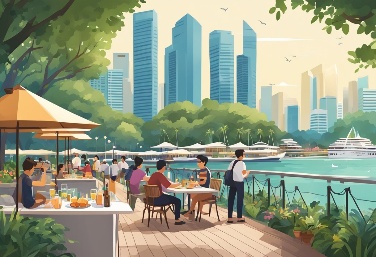 People enjoying outdoor dining, strolling along the waterfront, and relaxing in lush parks in Singapore