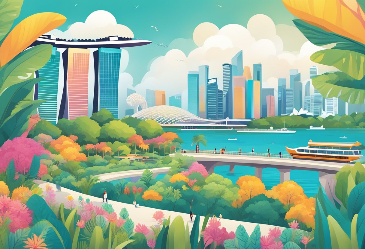 Tourist attractions in Singapore are showcased in a colorful and vibrant display, with iconic landmarks such as the Marina Bay Sands, Gardens by the Bay, and the Merlion statue featured prominently