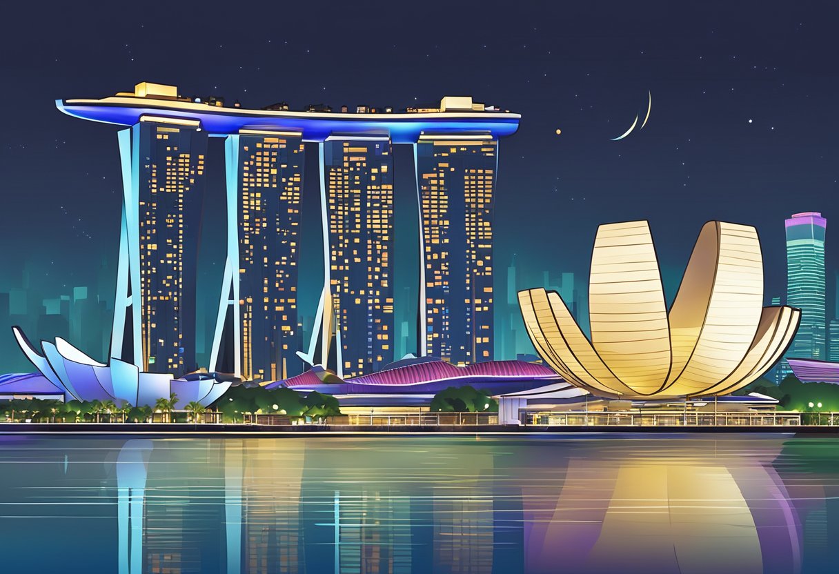 The iconic Marina Bay Sands hotel and the stunning Singapore skyline at night, with colorful lights reflecting in the water