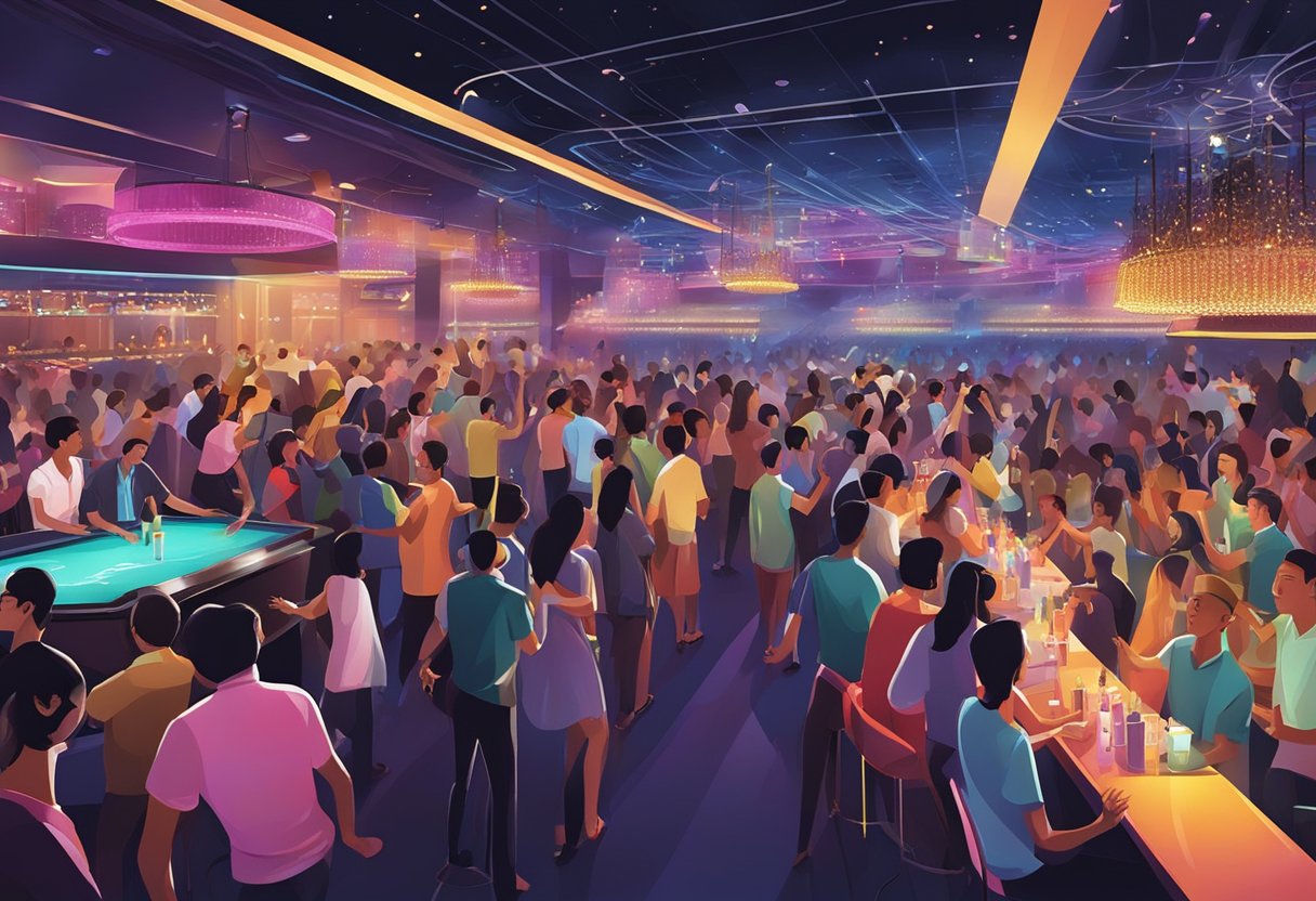 The bustling Singapore night club features vibrant lights, pulsating music, and a diverse crowd mingling and dancing