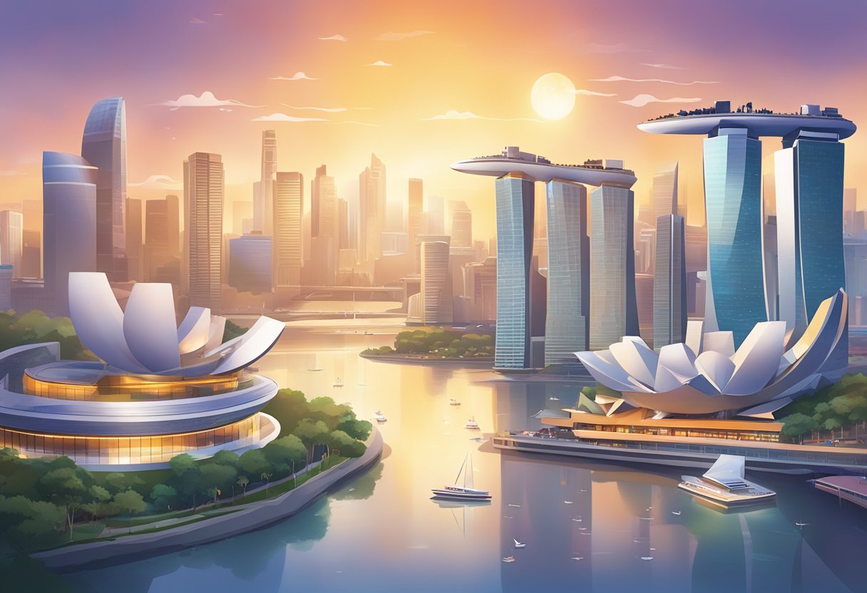 A bustling cityscape with iconic Singapore landmarks, bathed in the warm glow of LGT's presence, symbolized by a shining logo atop a prominent building