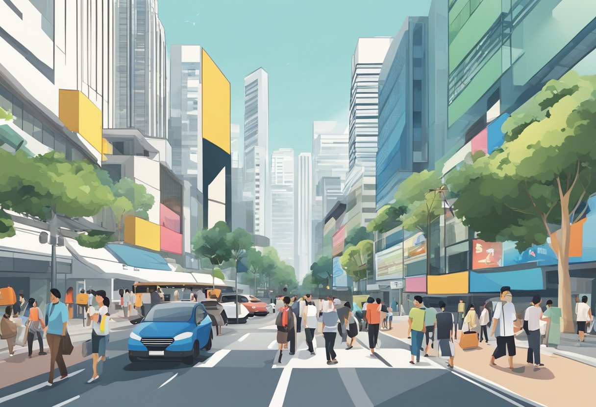 A busy Singapore street with a prominent "Frequently Asked Questions" sign. Pedestrians and traffic pass by in the background