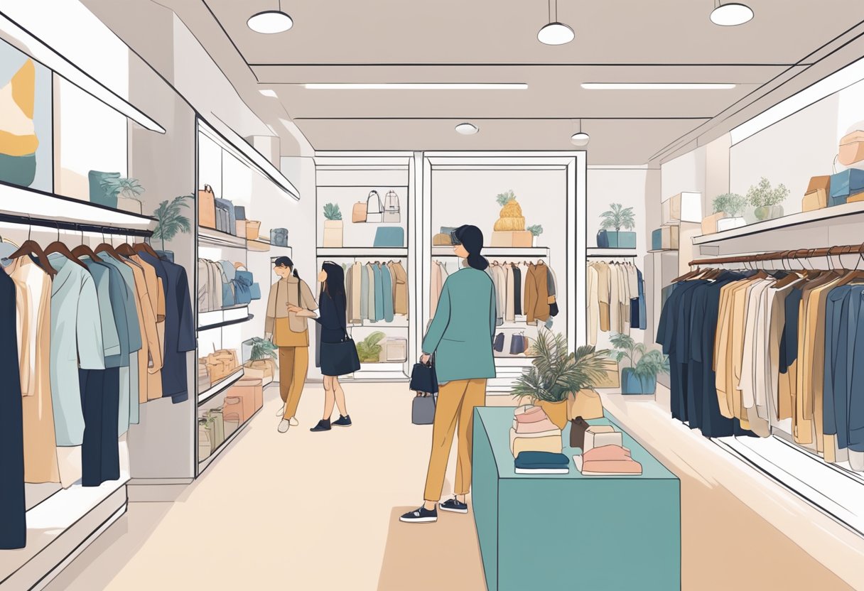 Customers browsing racks of stylish clothing in a Love Bonito store in Singapore, with bright and modern decor