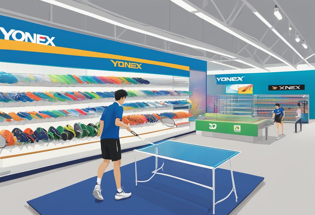A badminton player explores the Yonex Singapore store, admiring the latest racquets and equipment on display