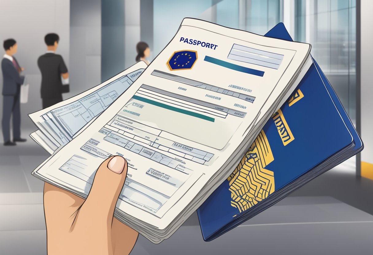 A person holding a Singapore passport and a completed Malaysia visa application form, standing in front of a Malaysia visa application center in Singapore