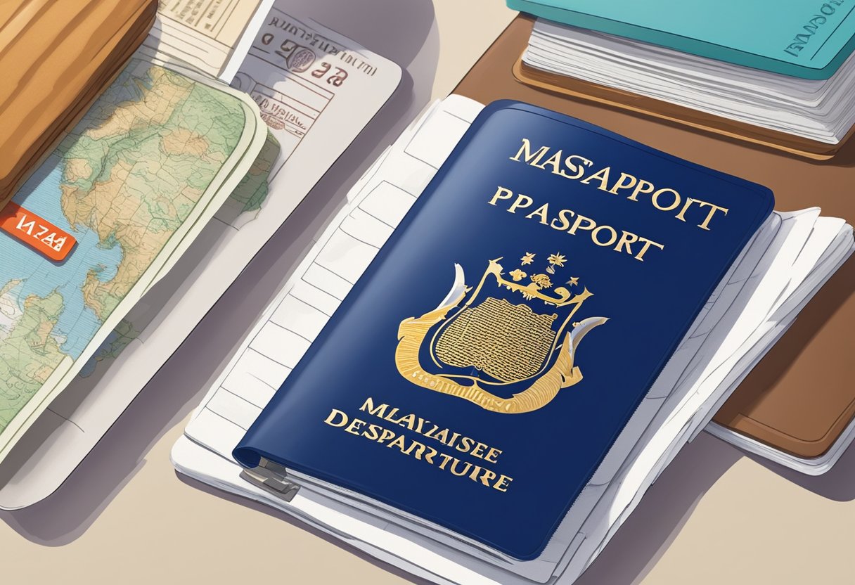 A traveler's passport with a Malaysia visa stamp, next to a Singapore departure card, on a table