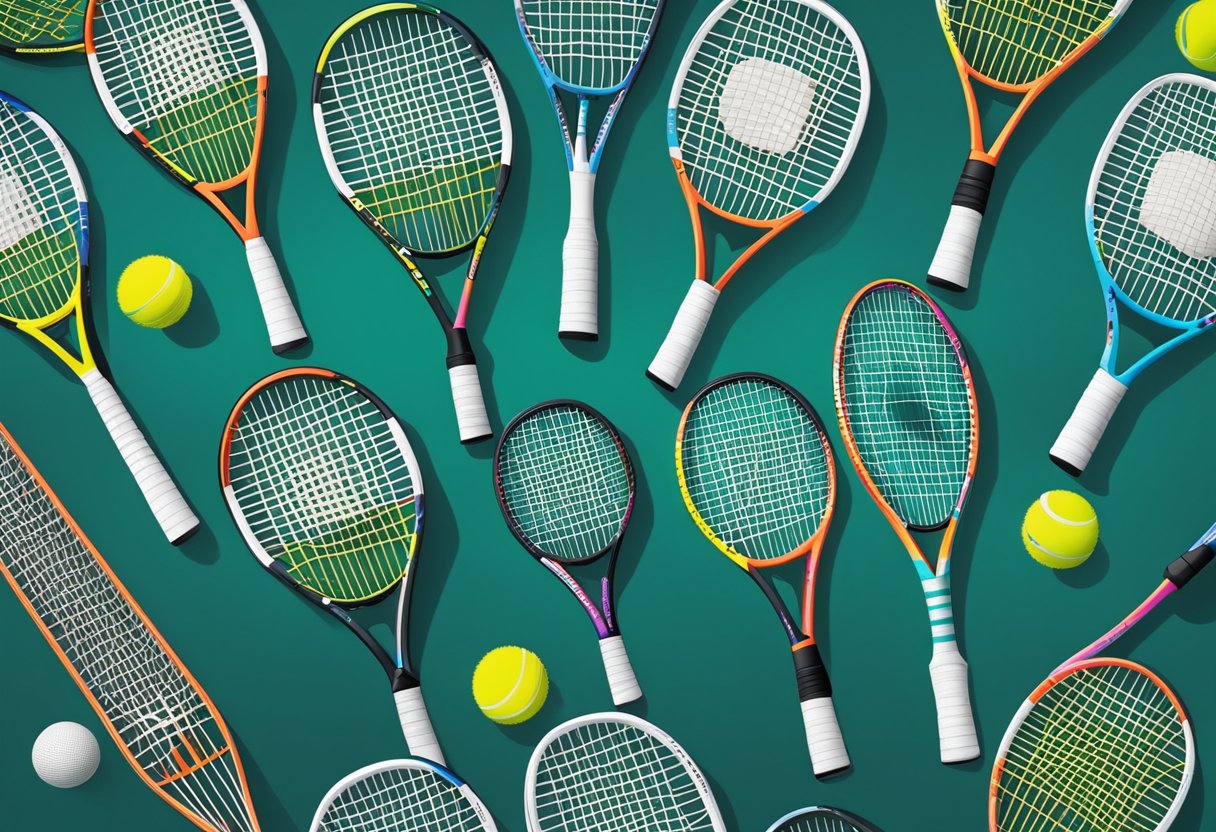 A lineup of badminton rackets, with Yonex prominently displayed, surrounded by various other brands' products