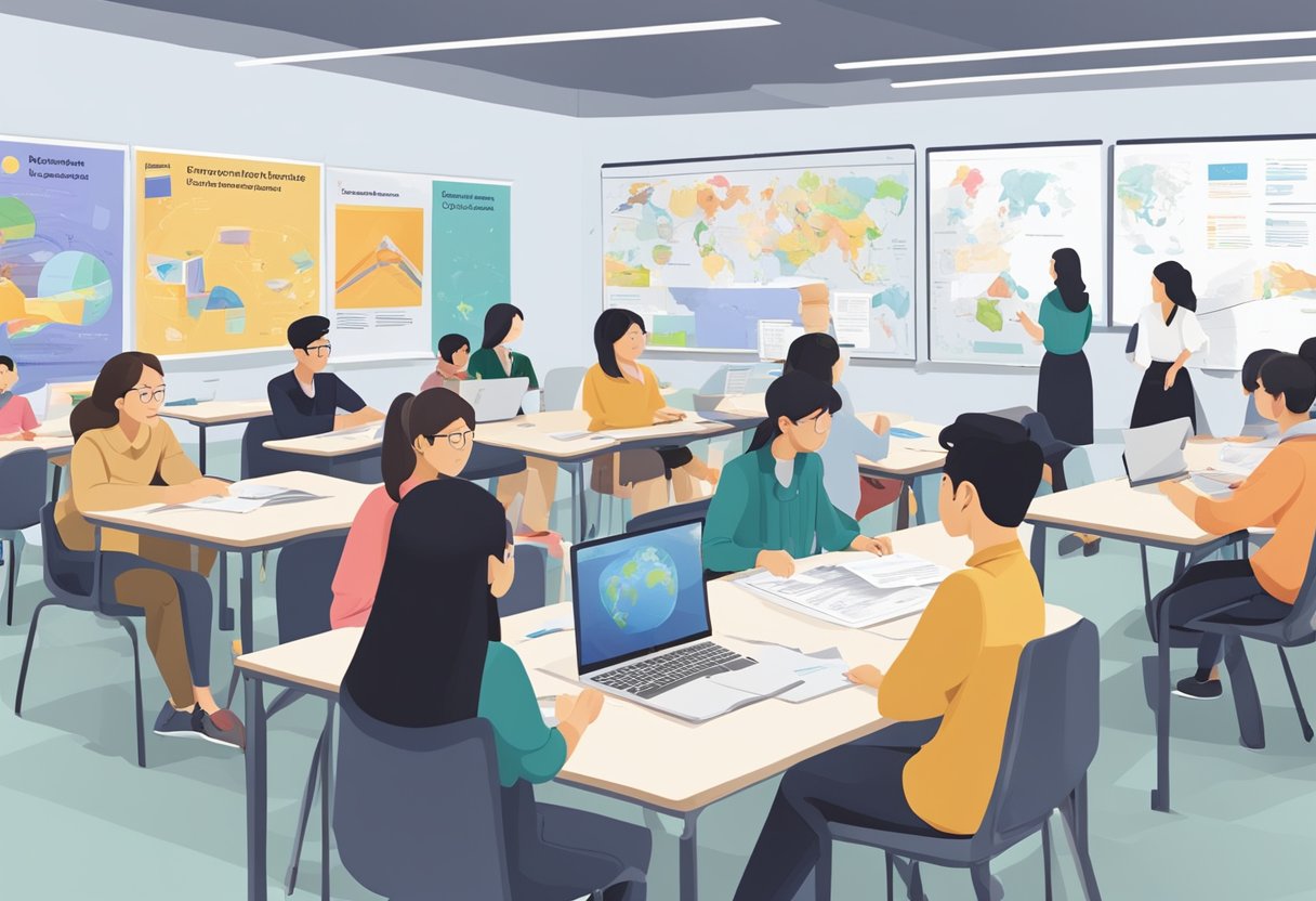 A classroom filled with diverse students, engaged in hands-on learning activities, with posters and visual aids showcasing the various courses offered at Singapore Poly