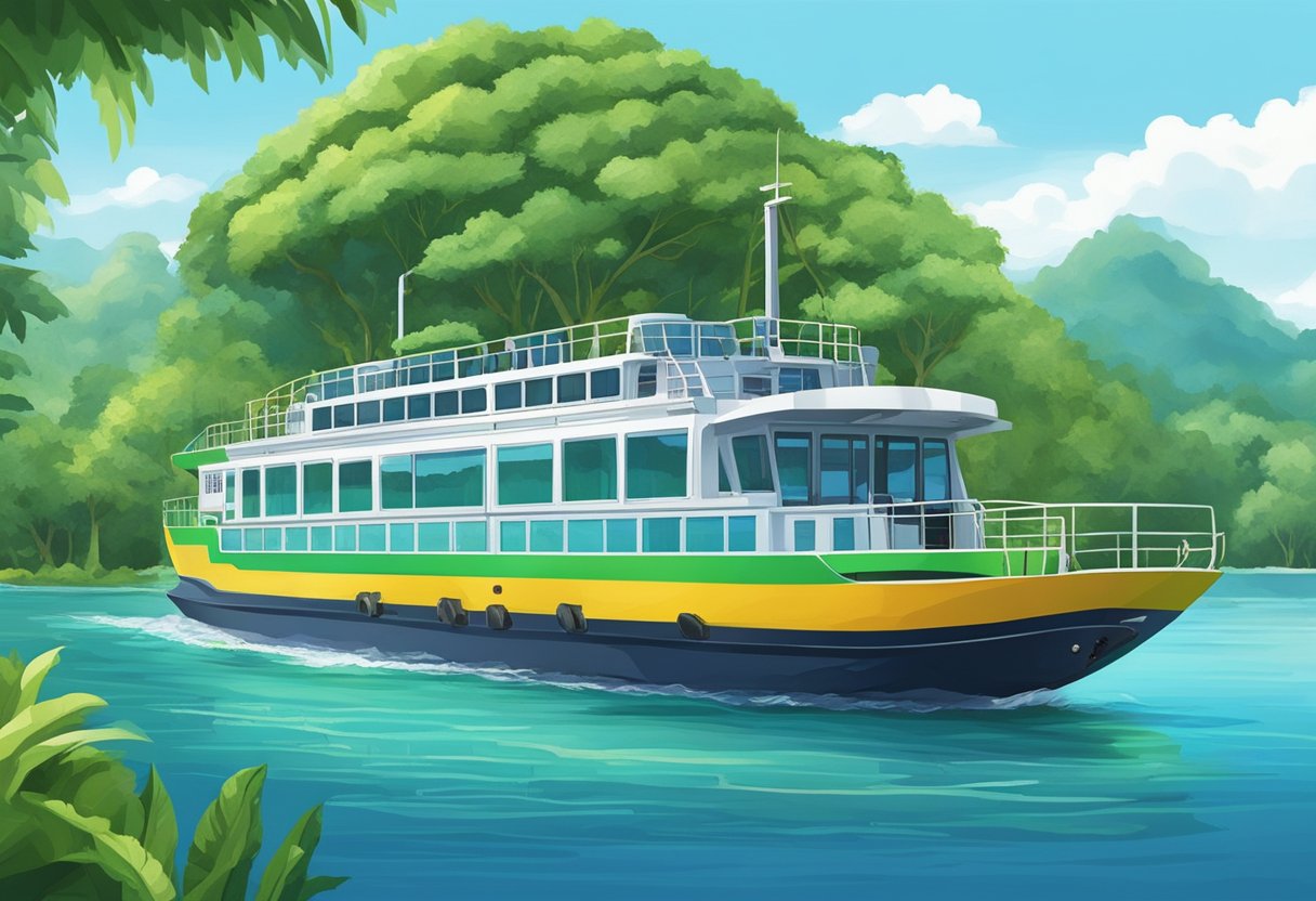 A ferry sails from Singapore to Bintan, passing through clear blue waters and lush green islands