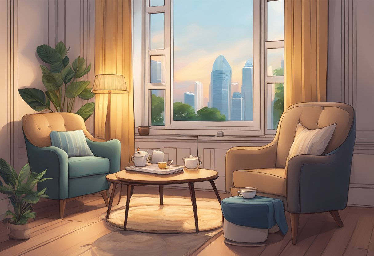A cozy corner in Singapore, with a plush armchair, warm lighting, and a steaming cup of tea on a side table