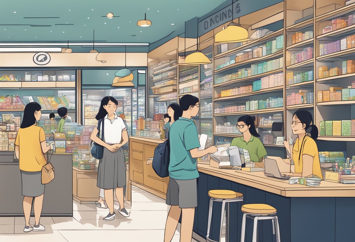 A bustling Love, Bonito store in Singapore with customers browsing, staff assisting, and a prominent "Frequently Asked Questions" section