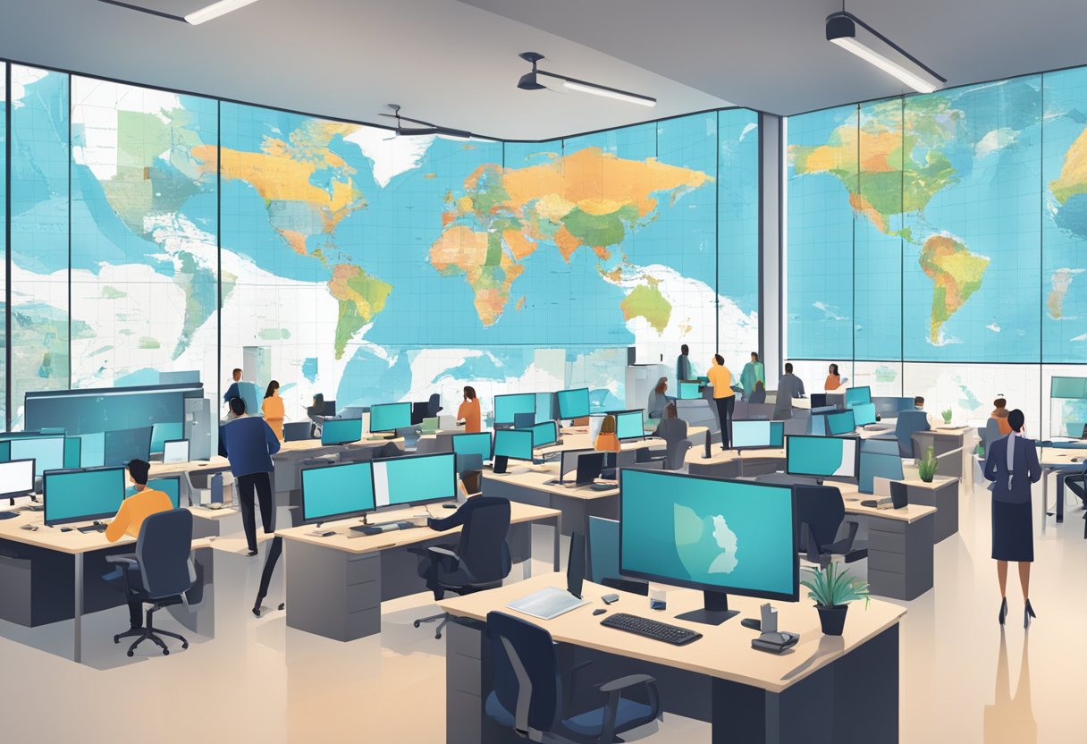 A bustling office with people working at desks, large screens displaying global data, and a world map on the wall