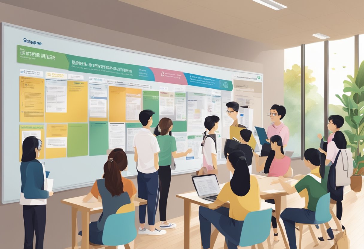 Students gather around a bulletin board displaying academic programmes and entry requirements at Singapore Poly