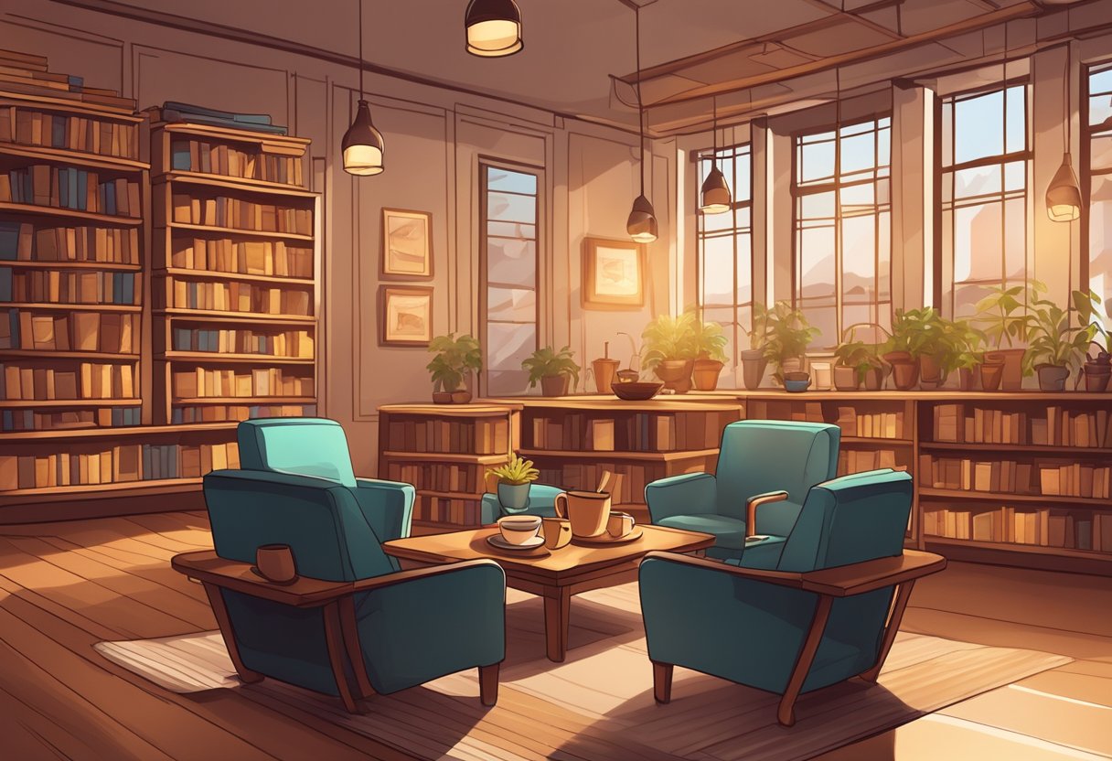 A warm cafe with plush armchairs, soft lighting, and steaming cups of coffee. Books line the shelves, and a cozy atmosphere invites relaxation
