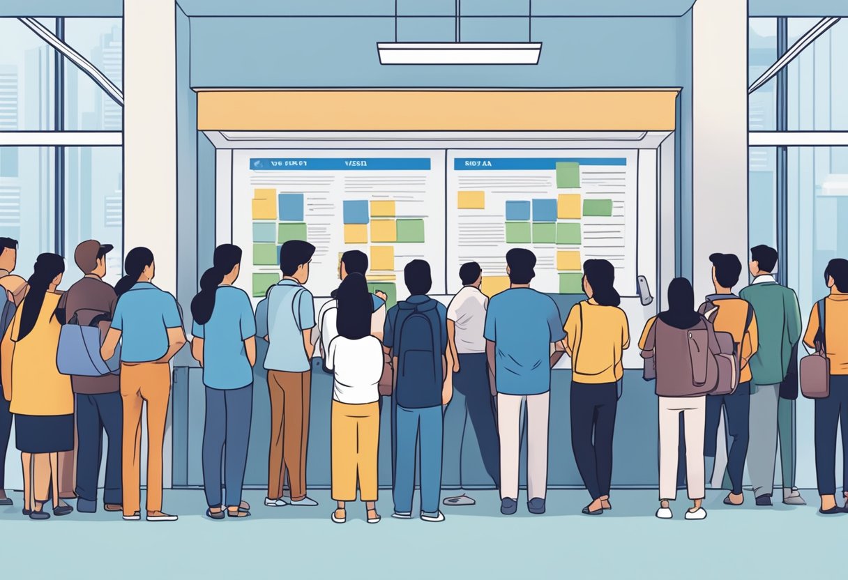 A crowded visa office in Malaysia, with people lining up and asking questions about the Singapore visa process