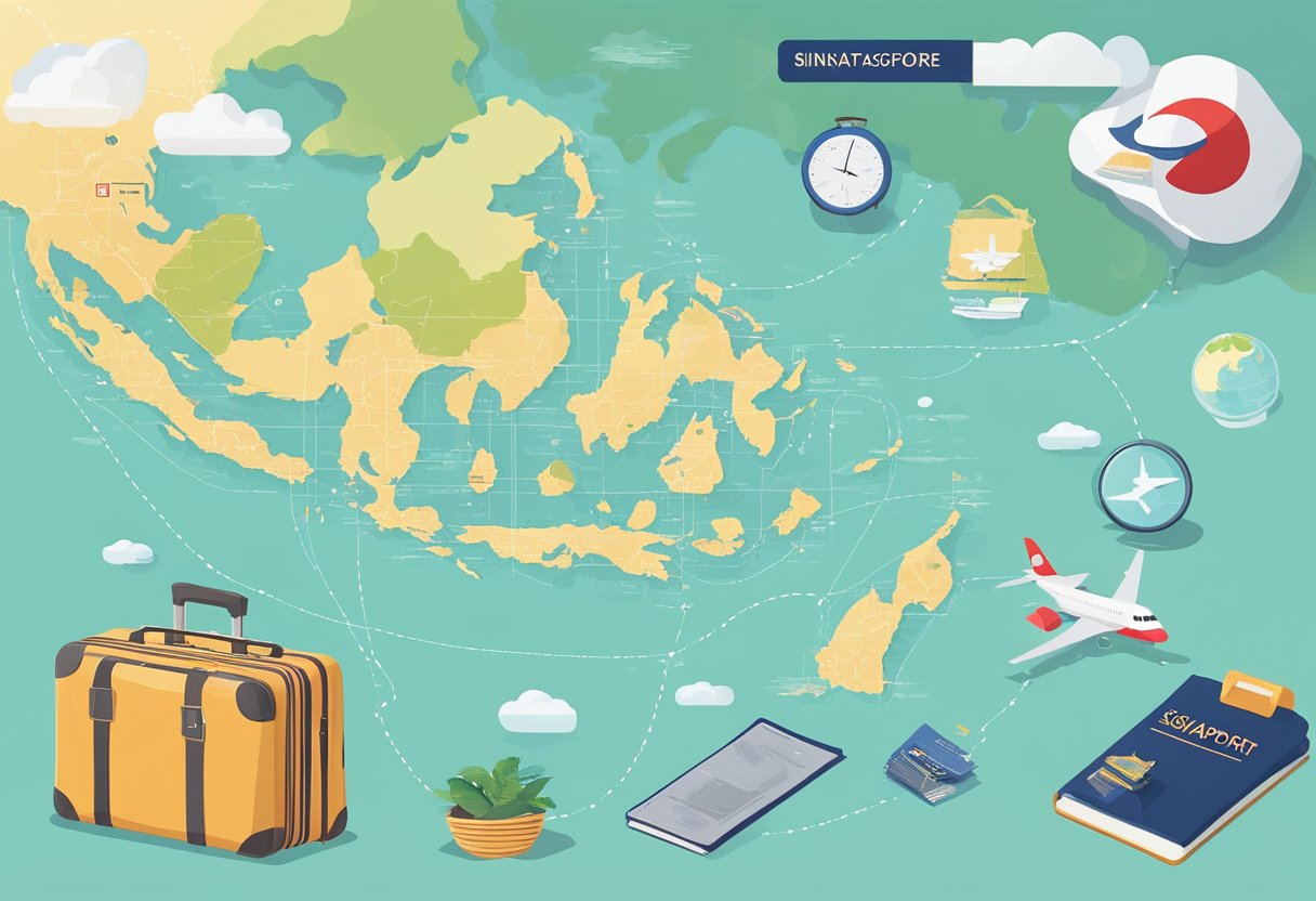A map of Singapore and Bintan with a dotted line connecting the two locations, surrounded by travel essentials like a passport, plane tickets, and a suitcase