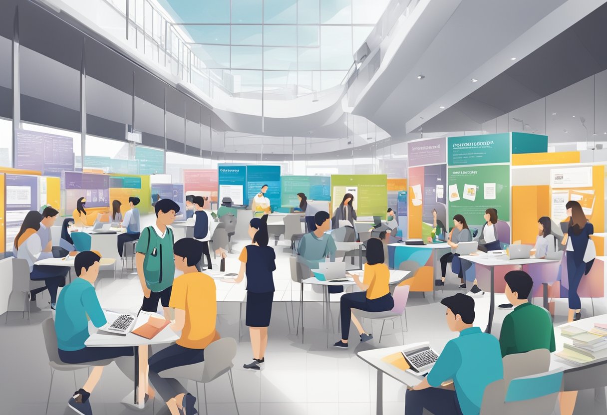 Students exploring various career development and further studies options at Singapore Polytechnic, surrounded by course brochures and information booths