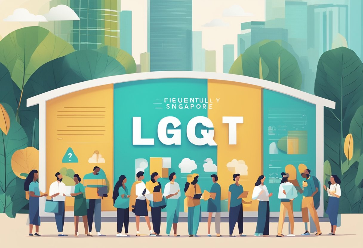 A diverse group of people standing in front of a large sign that reads "Frequently Asked Questions lgt singapore." The atmosphere is lively and engaging, with people asking questions and engaging in conversation