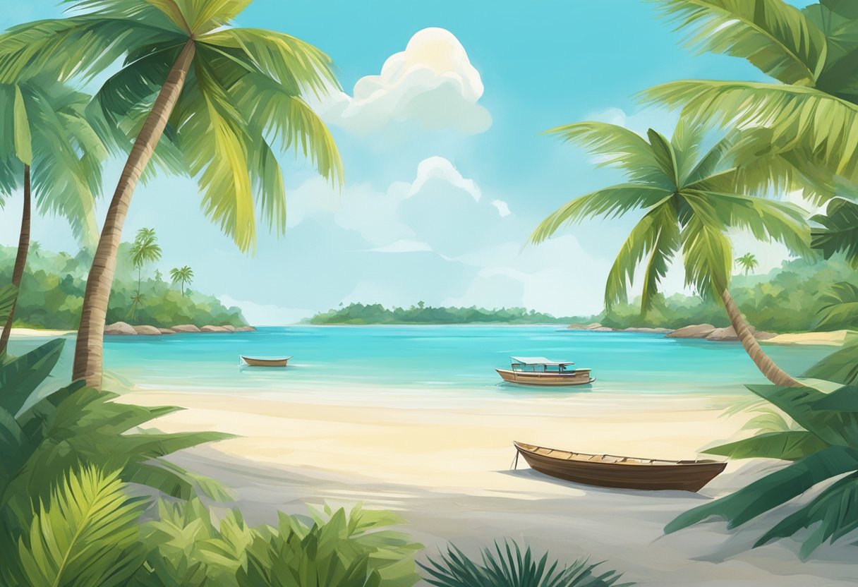 A lush tropical landscape with palm trees, crystal-clear waters, and sandy beaches on Bintan Island. The sun is shining, and there are small boats in the distance
