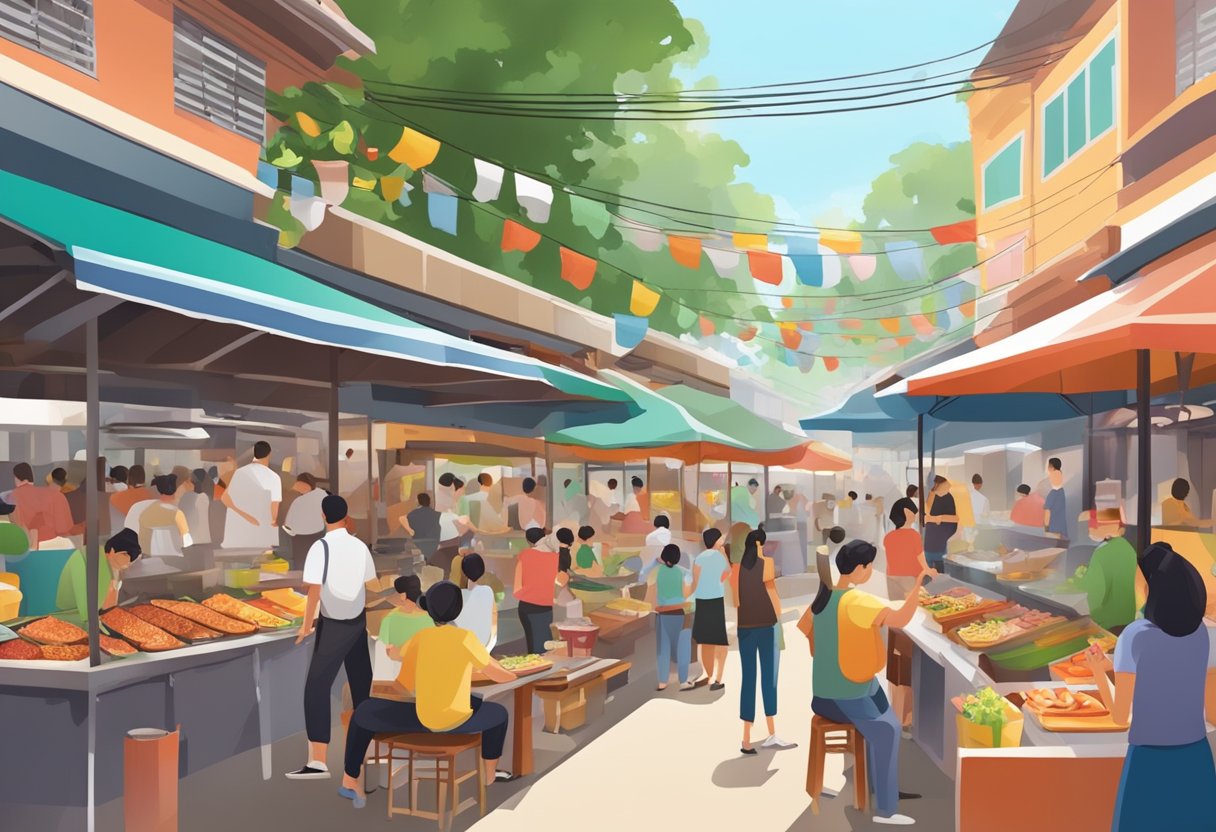 A bustling hawker center in Singapore, with colorful food stalls and lively chatter. The aroma of sizzling street food fills the air