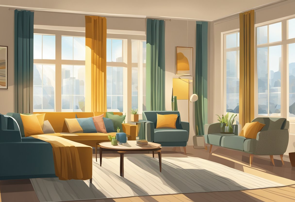 A room with large windows, sunlight streaming in. Curtains and blinds in various styles and colors hung on display