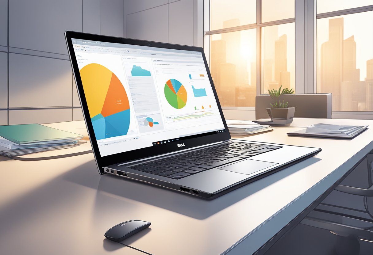 A sleek Dell laptop sits on a modern desk in a brightly lit office space in Singapore