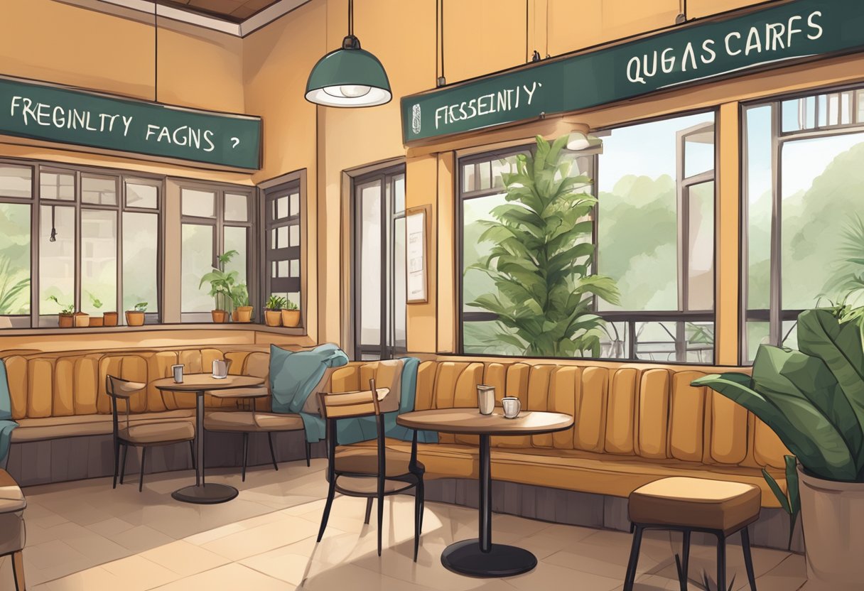 A cozy corner in a Singapore cafe with a sign reading "Frequently Asked Questions" above a comfortable seating area and a warm, inviting atmosphere