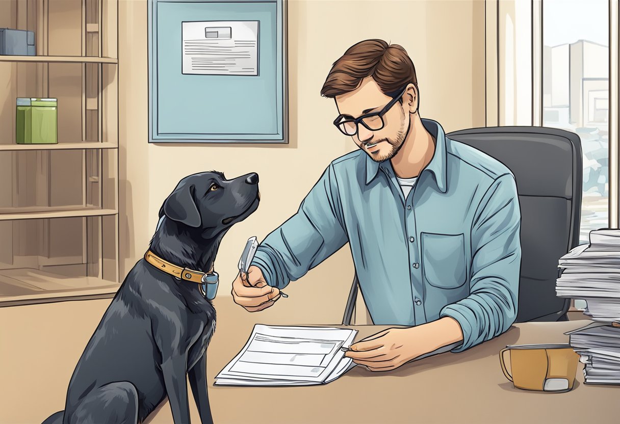 A dog owner fills out paperwork at a government office, receiving a metal tag for their pet's collar