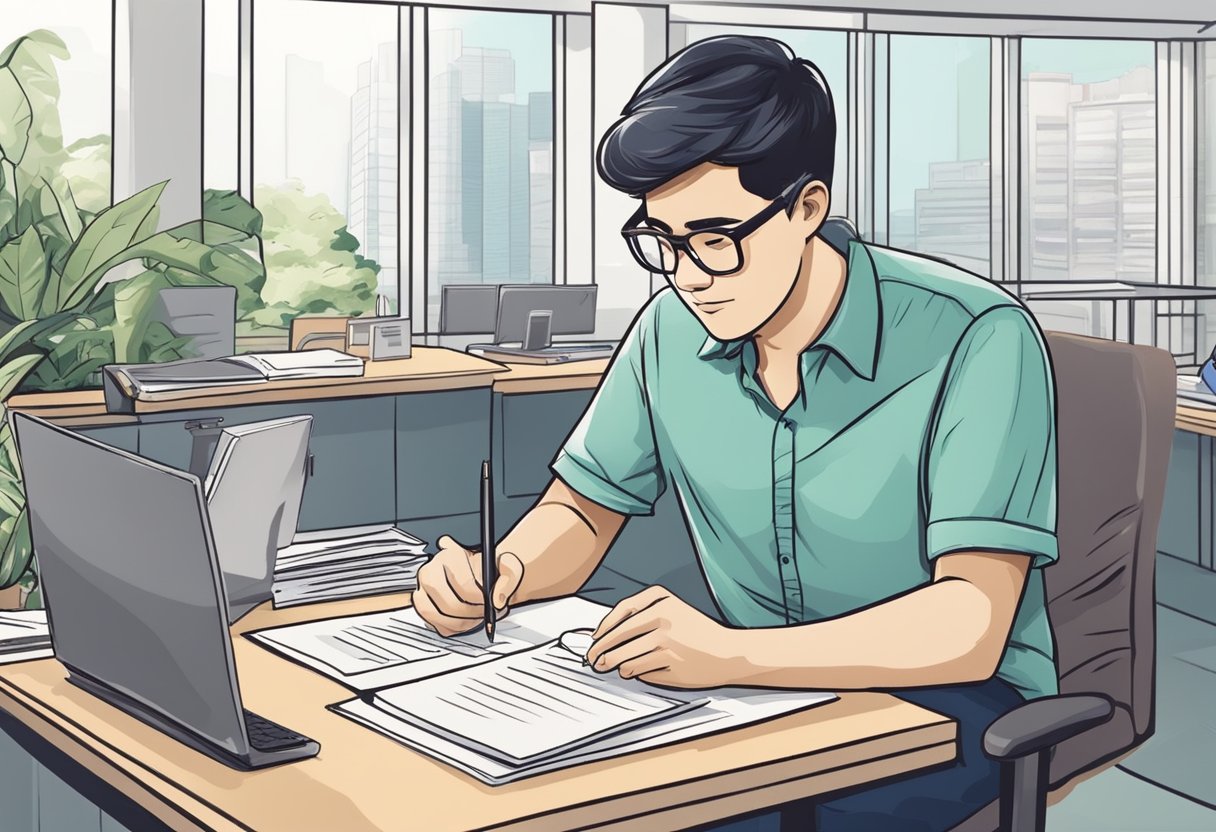 A person fills out paperwork at a government office, pays a fee, and receives a dog license in Singapore