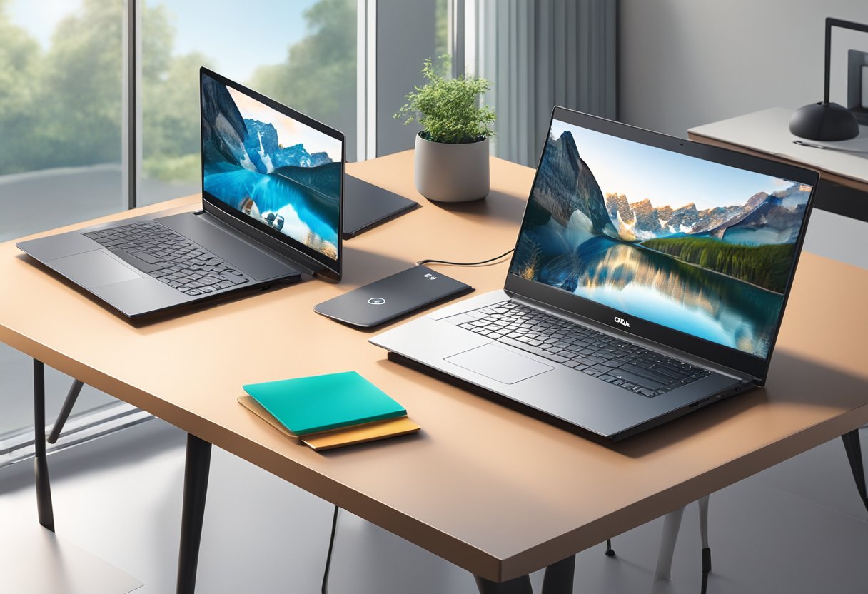 A laptop series displayed on a sleek, modern table in a well-lit room. Various models are arranged neatly, with the Dell logo prominently visible