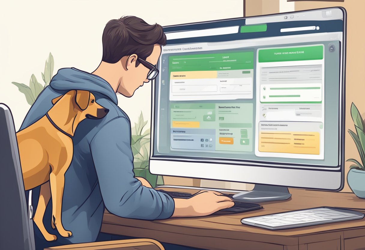 A dog owner updating license details online using a computer and entering the required information