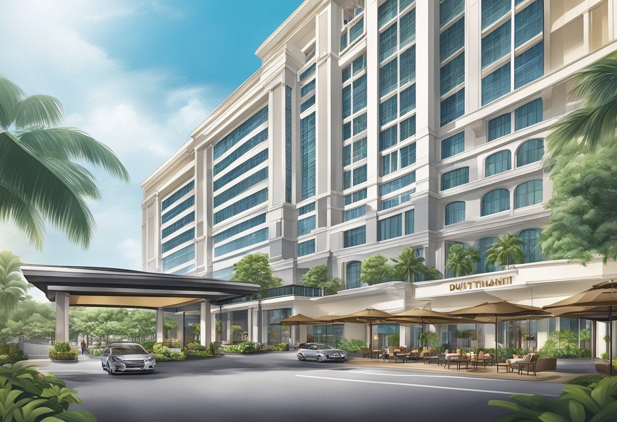 The scene depicts the exterior of Dusit Thani Singapore, showcasing the hotel's modern architecture and luxurious amenities
