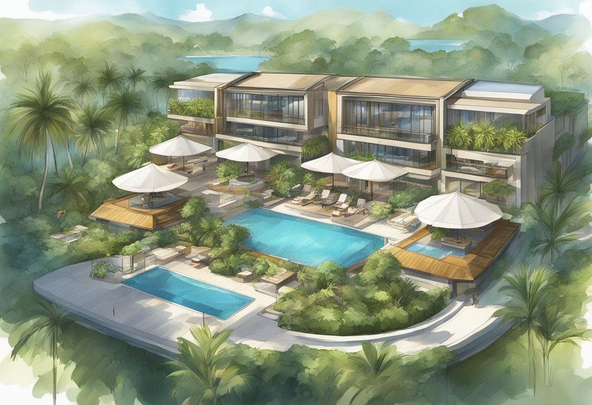 The resort's facilities and services include a pool, spa, fitness center, and dining areas, all surrounded by lush greenery and modern architecture