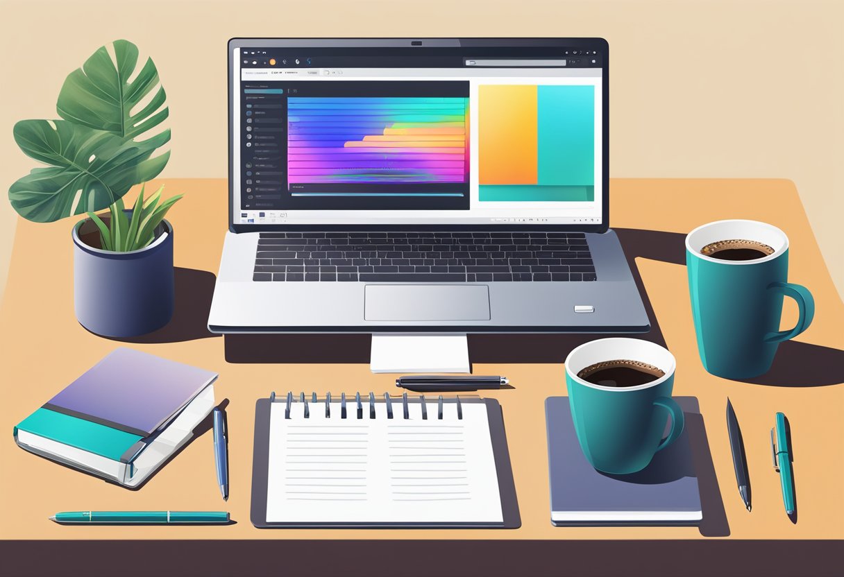 A Dell laptop sits open on a sleek desk, surrounded by a cup of coffee, notepad, and pen. The screen displays a vibrant, productive workspace