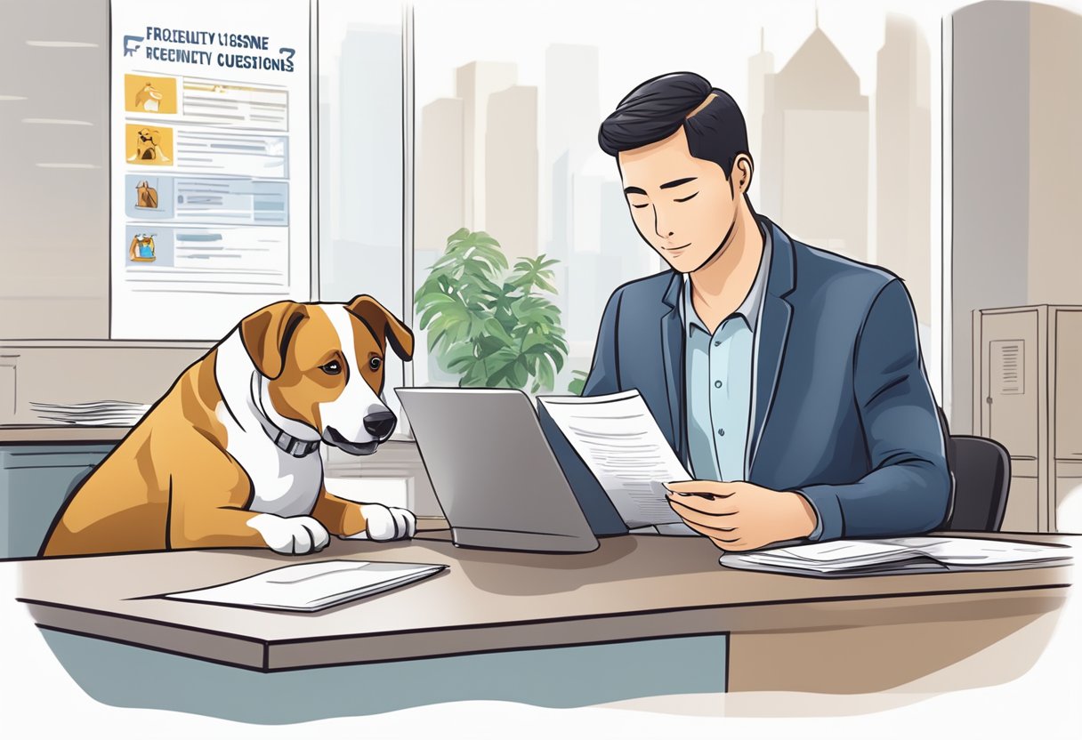 A dog owner filling out a form at a government office, with a sign reading "Frequently Asked Questions dog license singapore" in the background