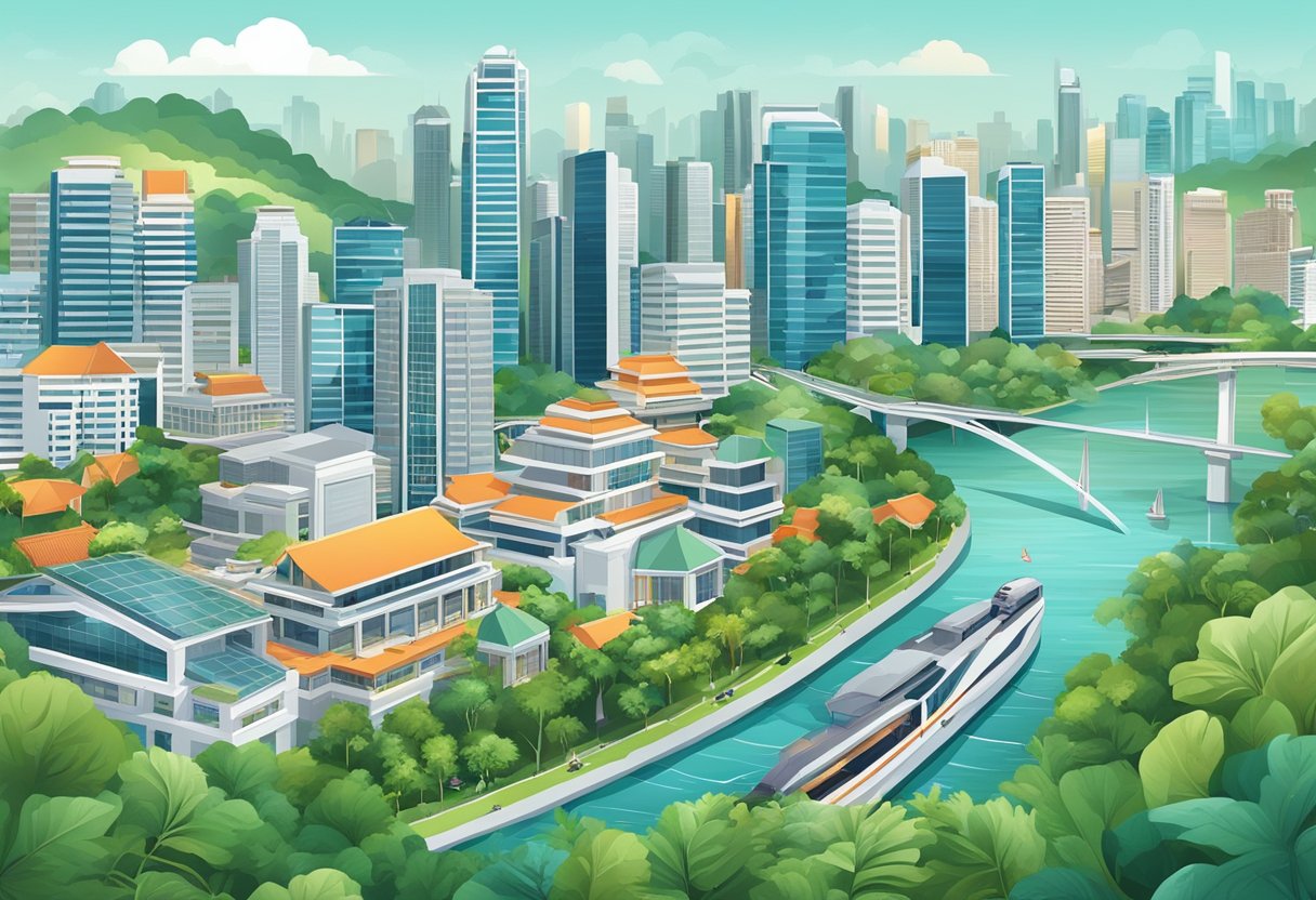 A bustling cityscape in Singapore with iconic landmarks and modern architecture, surrounded by lush greenery and a vibrant atmosphere