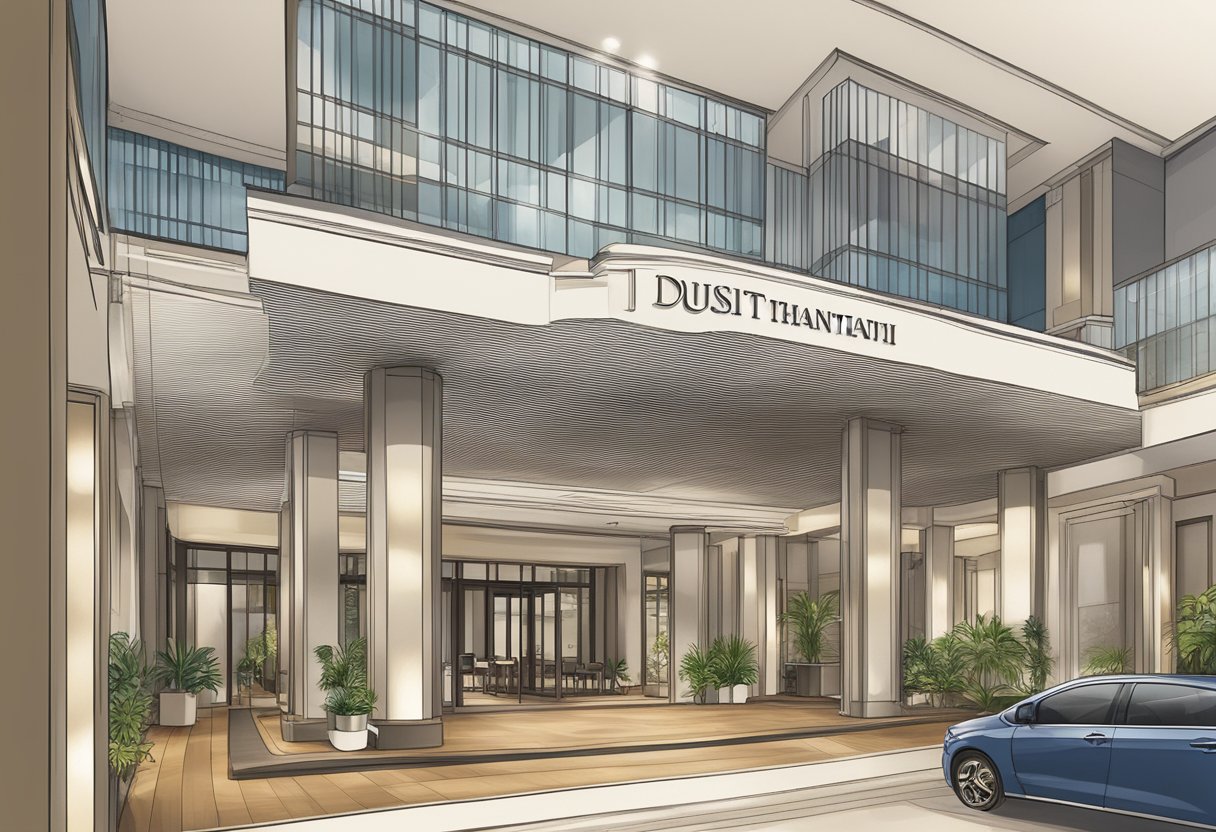 The Dusit Thani Singapore logo prominently displayed with a list of frequently asked questions below it