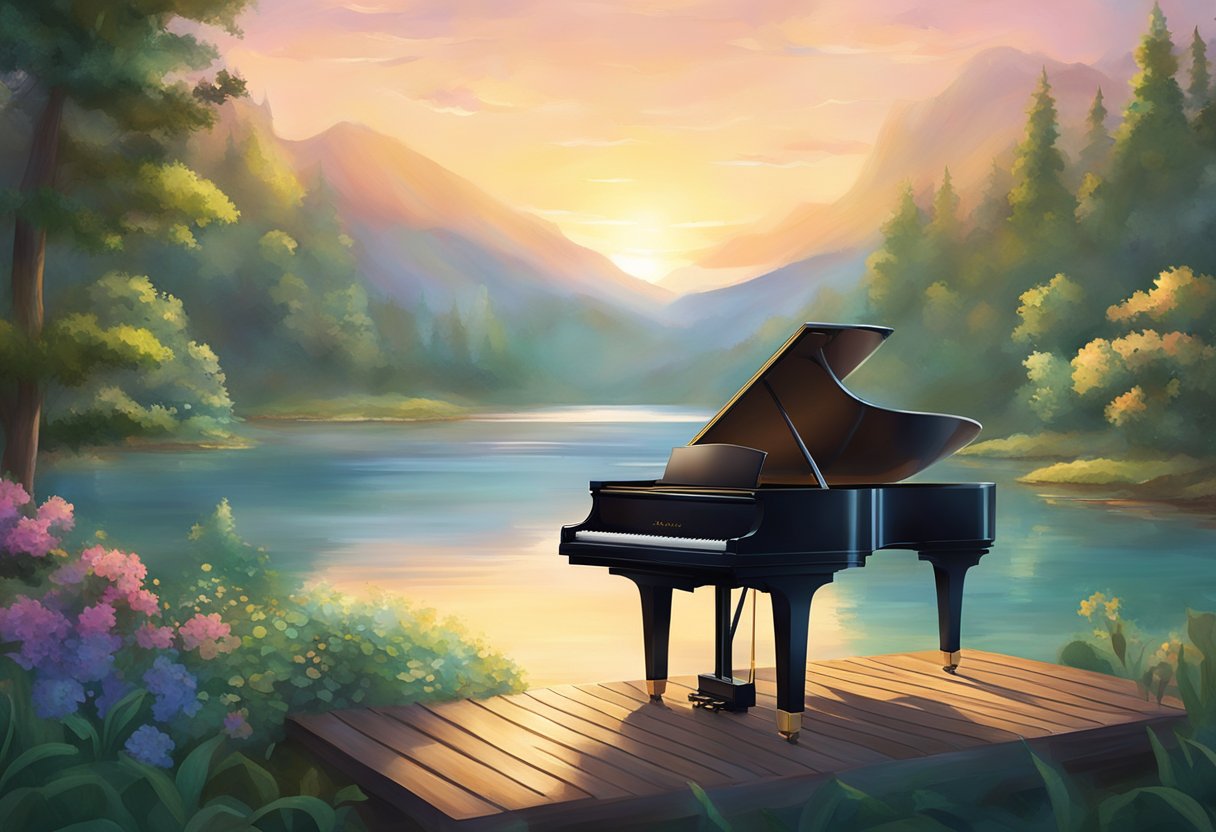 Laufey's Musical Journey: A serene lake surrounded by lush greenery, with a grand piano sitting on a wooden platform, as the sun sets in the background