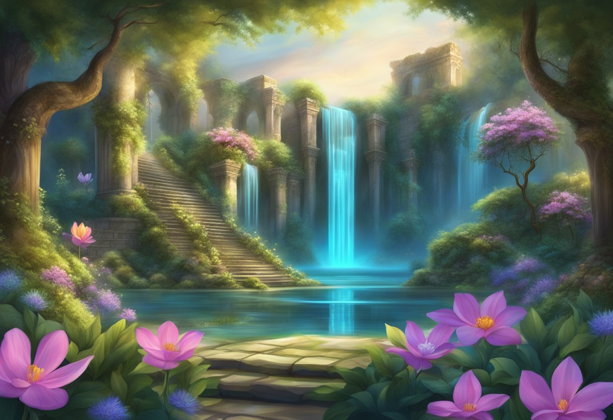 A mystical garden with glowing flowers and swirling vines, surrounded by ancient ruins and a shimmering waterfall