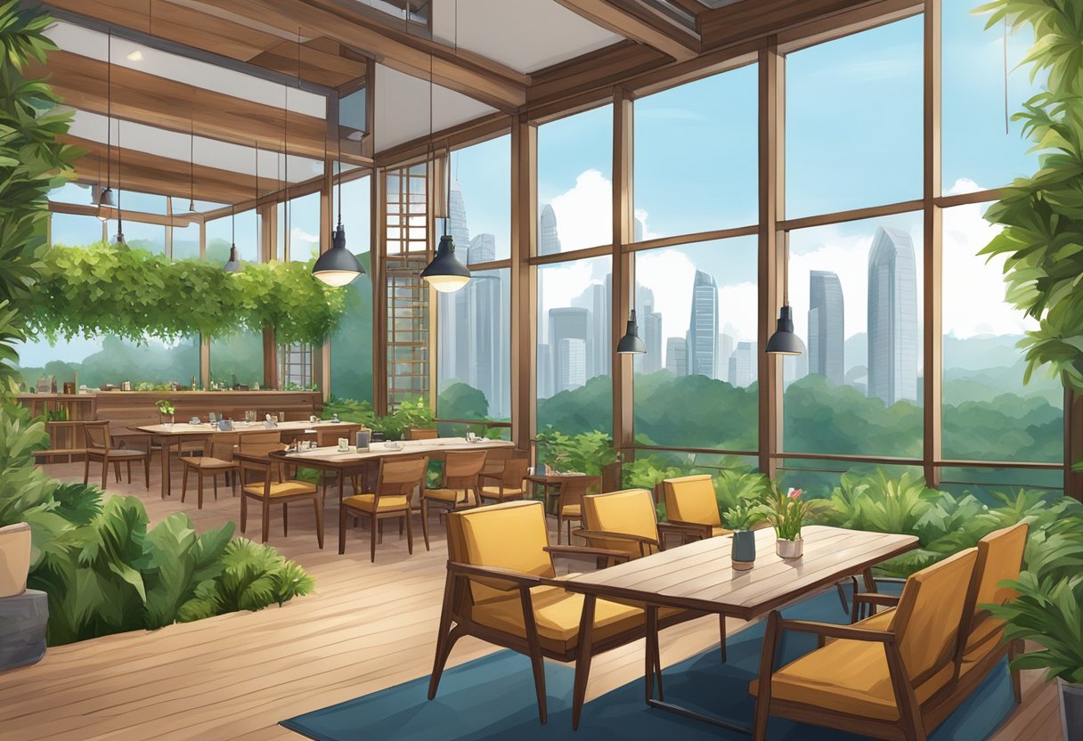 A cozy Swiss club in Singapore with alpine decor, wooden furniture, and a fireplace, surrounded by lush greenery and a view of the city skyline