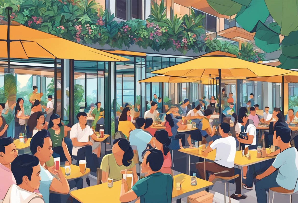 The vibrant Swiss club in Singapore is bustling with activity, with people enjoying drinks, music, and socializing in a lively atmosphere