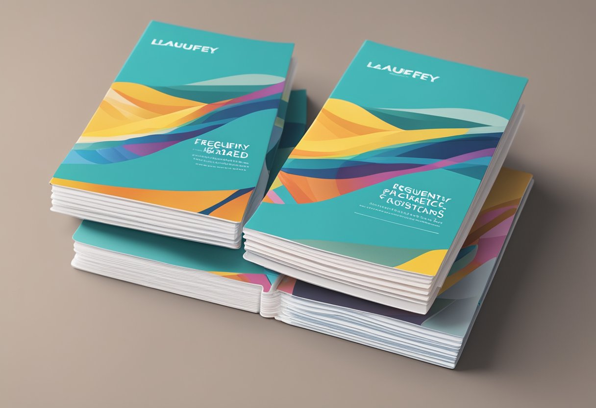 A stack of colorful brochures with "Frequently Asked Questions" and "Laufey Singapore" printed on the cover