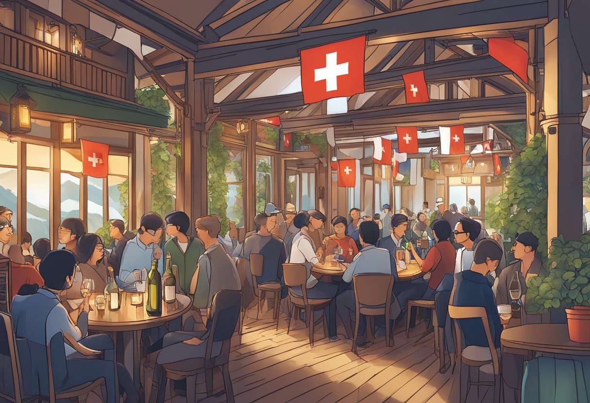 A bustling Swiss club in Singapore, with flags fluttering and people chatting over glasses of wine in a cozy alpine-themed setting