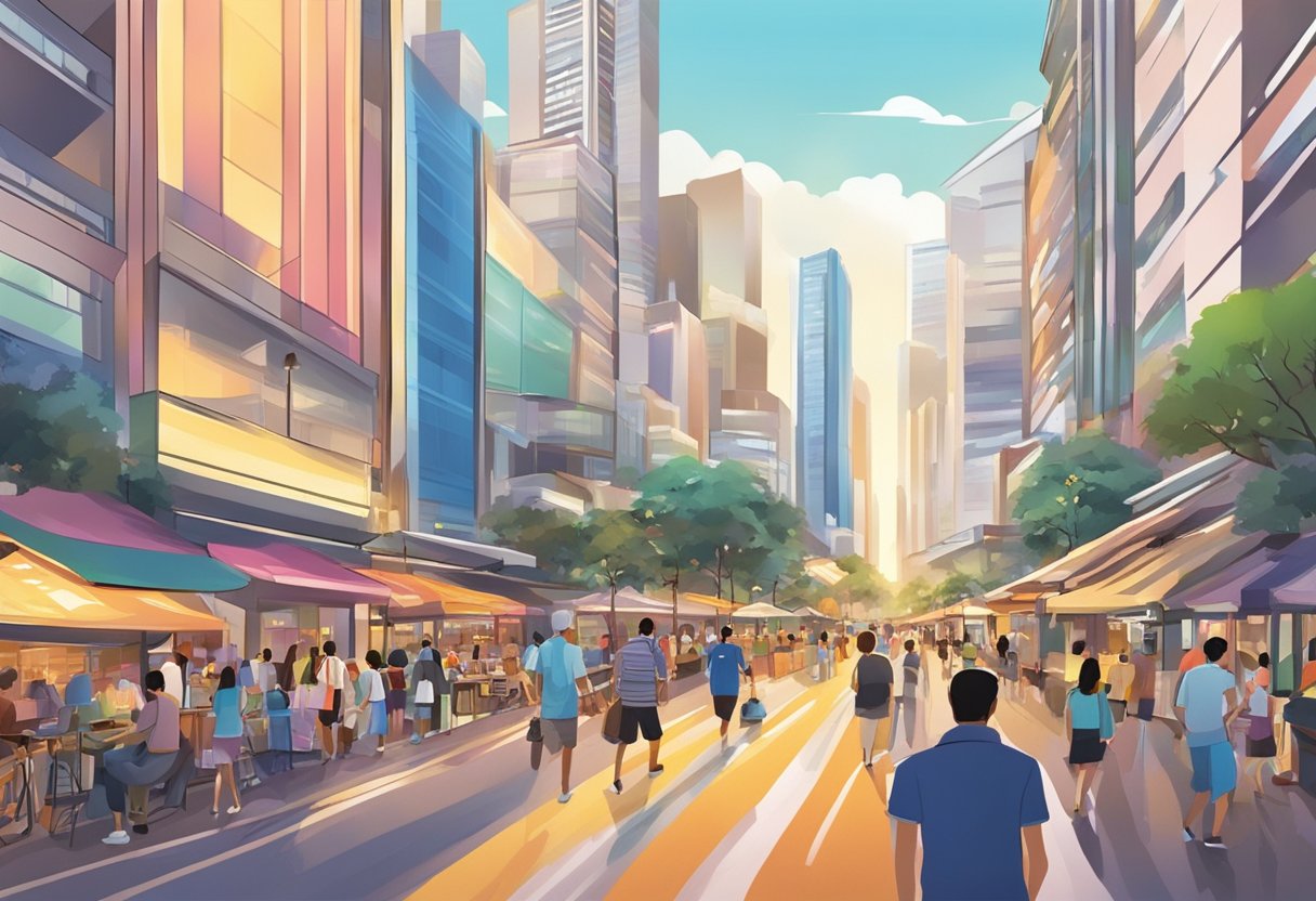 A bustling city street in Singapore, with bright lights, skyscrapers, and a vibrant atmosphere