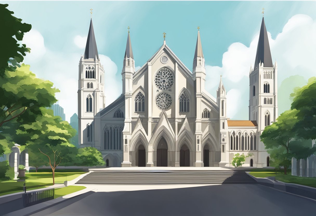 St. Andrew's Cathedral, Singapore. Sunlight illuminates the grand gothic architecture, casting dramatic shadows. Lush greenery surrounds the historic building