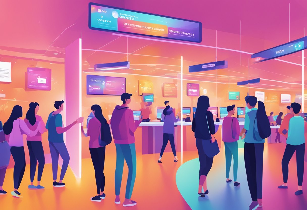 People browsing event tickets in StubHub Singapore. Brightly lit, modern interior with digital screens and colorful displays. Excited atmosphere